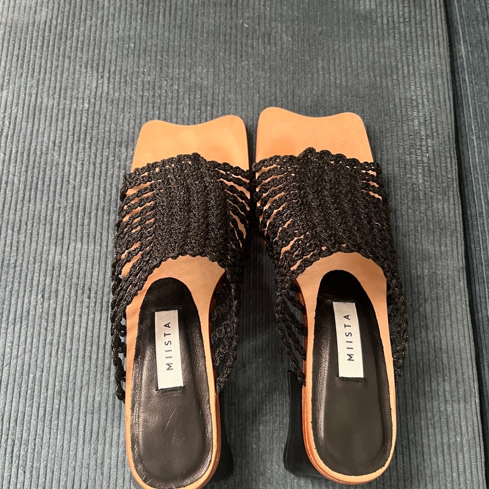 Miista Black and Tan Woven crochet Mules